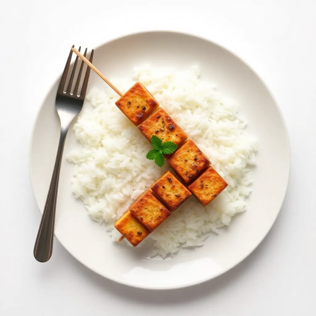Crispy Firm Tofu Skewers with Jasmine Rice