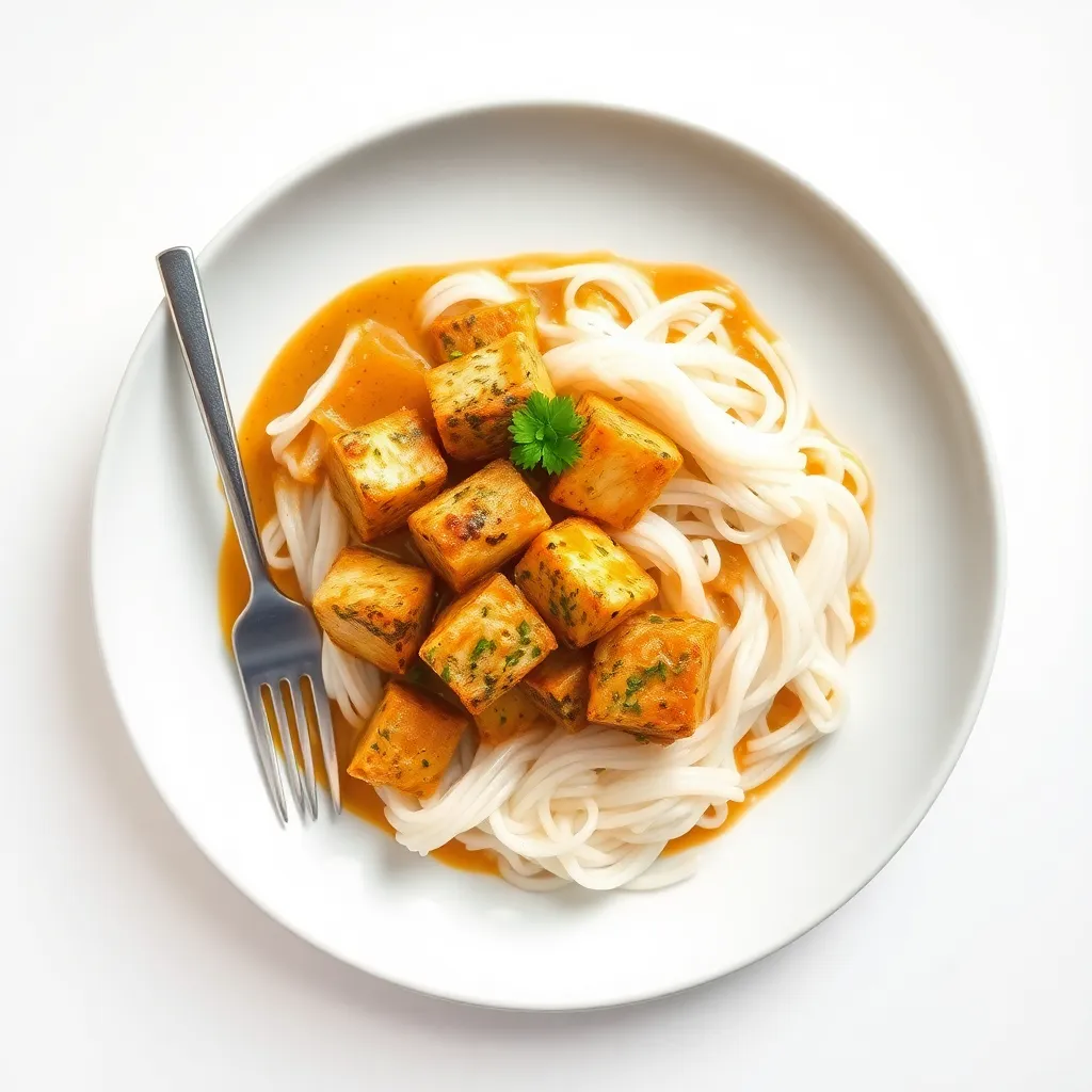Herb-Crusted Firm Tofu Curry with Rice Noodles